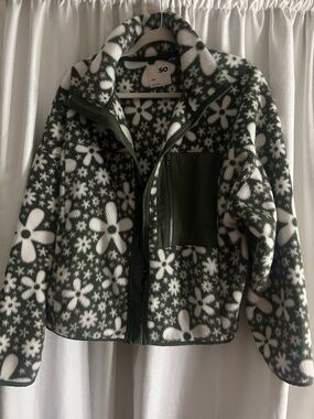 SO Floral Fleece Teddy Jacket in Army Green and White